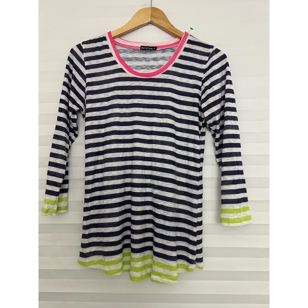 David Cline Women Navy White Striped Top Neon Pink Lime Trim S 3/4 Sleeve Slub
